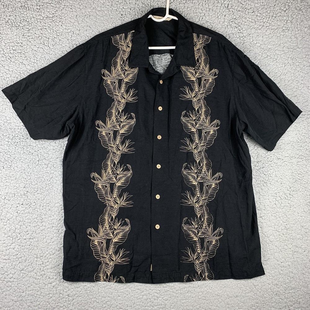 Paradise Collection Hawaiian Shirt XL 100% Silk Black Gold floral Camp Tropical